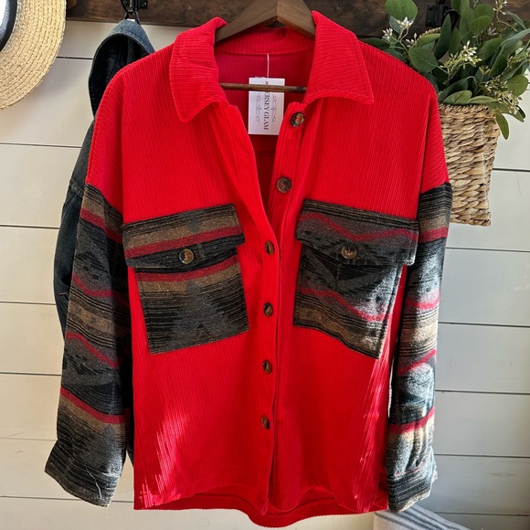 Tops - Red Corduroy Aztec Tribal Western Printed Shacket Shirt Jacket